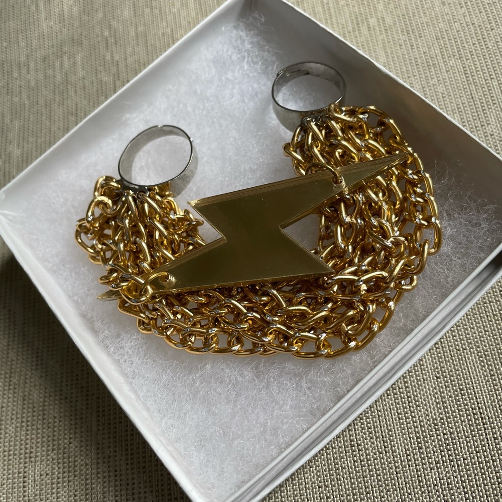 Gold Lightning Bolt Multi-Finger Chain Ring